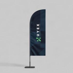 curve top flag with company logo with pole and base