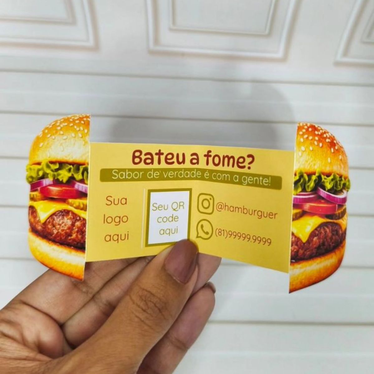 die cut promotional cards burger shape open view wiht business card details