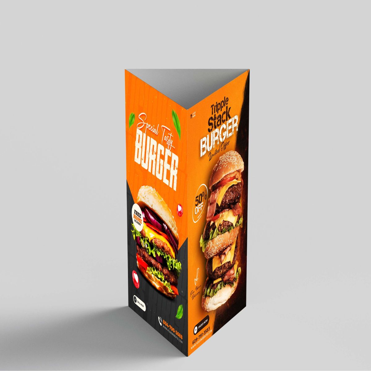 Three-sided tabletop display designed to present information, promotions, menus and branding from multiple angles.