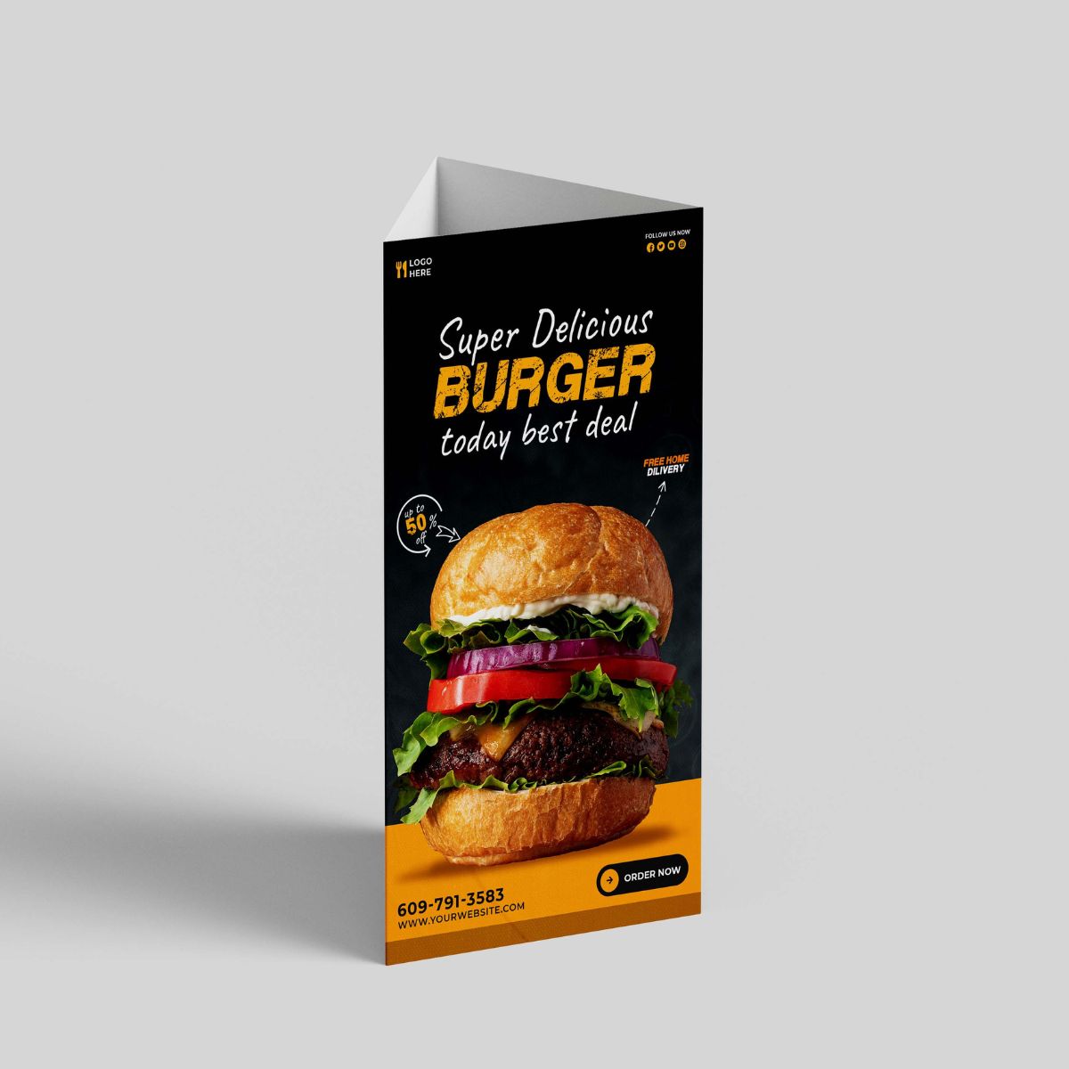 Three-sided tabletop display designed to present information, promotions, menus and branding from multiple angles.